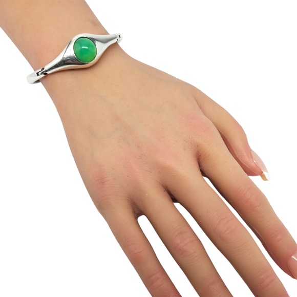 Sterling Silver Green Chrysoprase Gemstone Hinged Bangle Bracelet #20645 - Picture 7 of 10